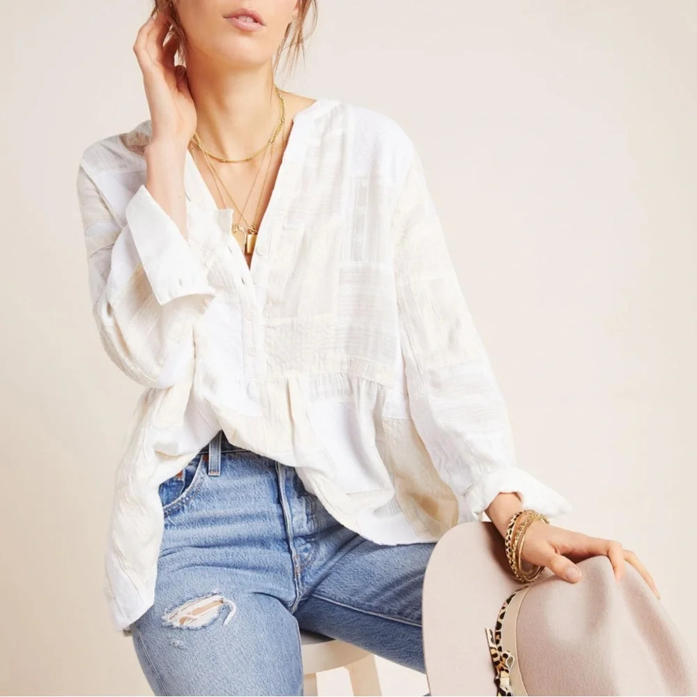 Anthropologie Maeve The Zoe Swing Blouse top boho patchwork plaid - Picture 2 of 14